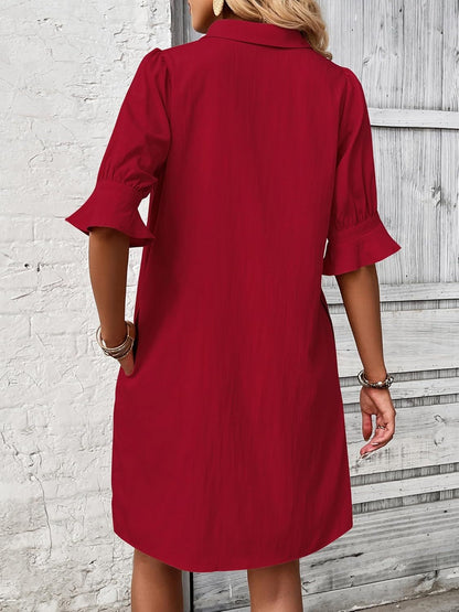 Women's Button-Down Shirt Dress 3/4 Sleeve Knee Length
