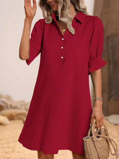 Women's Button-Down Shirt Dress 3/4 Sleeve Knee Length