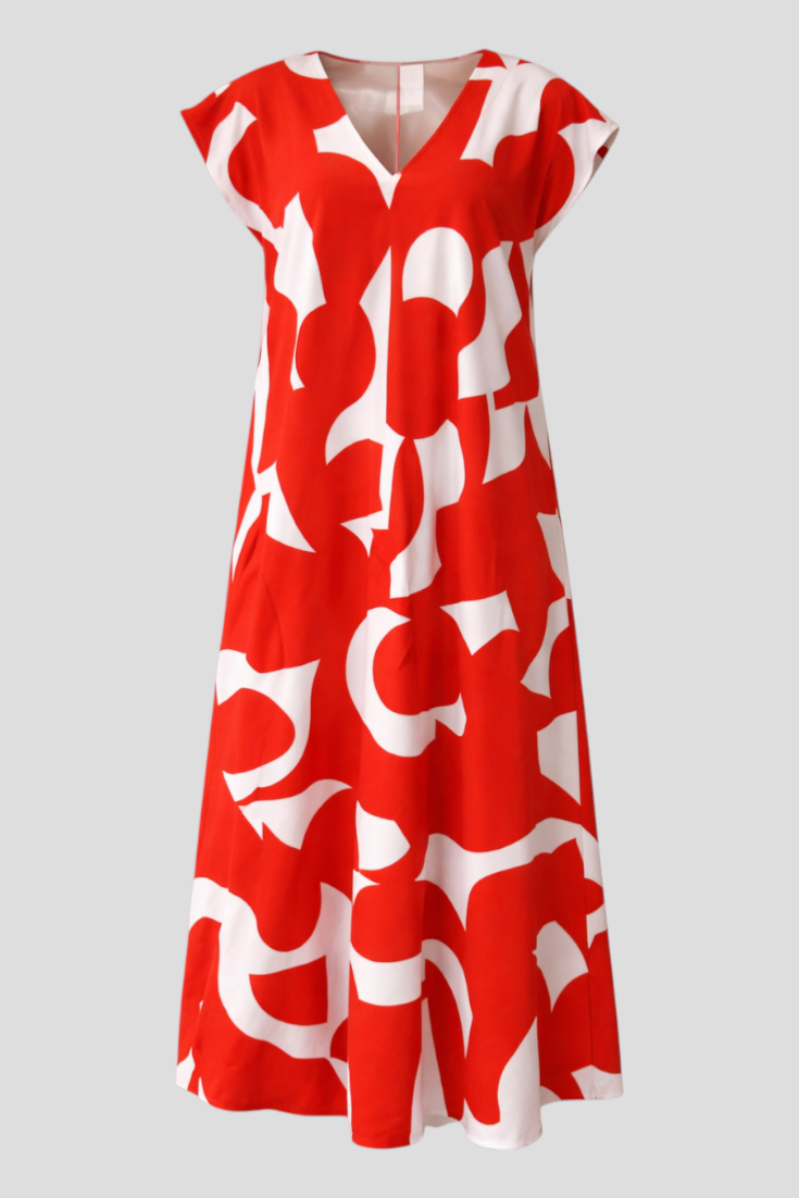 Abito Donna Maxy con Stampa Astratta - Rosso - abito estivo abito lungo abito maxy materiale leggero moda femminile scollatura a V stampa astratta stile artistico taglie disponibili vestibilità comoda - Concept Palermo