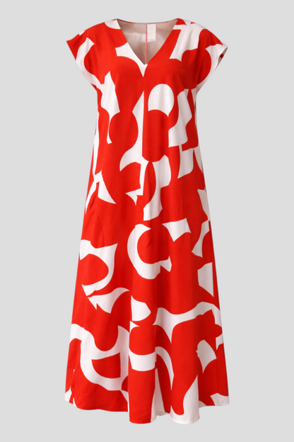 Abito Donna Maxy con Stampa Astratta - Rosso - abito estivo abito lungo abito maxy materiale leggero moda femminile scollatura a V stampa astratta stile artistico taglie disponibili vestibilità comoda - Concept Palermo