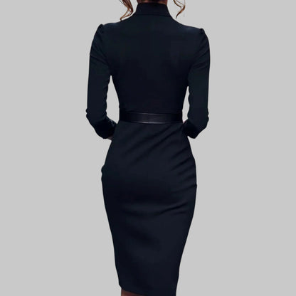 Élise – Robe midi à manches longues avec col et ceinture femme
