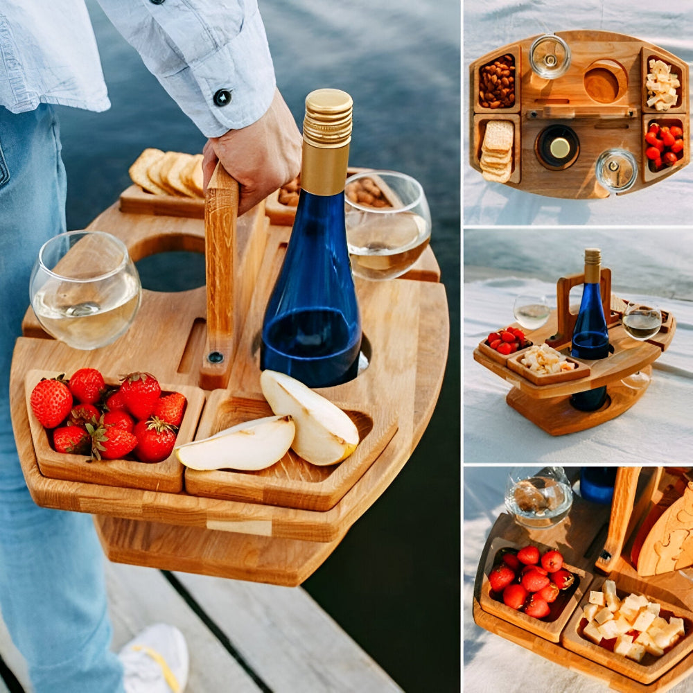Afneembare Picknicktafel van Hout met Wijnvakken – Ideaal voor Buitenactiviteiten