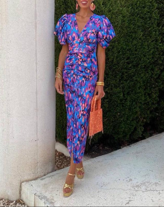 Robe Midi Elegante Donna | Maniche a Palloncino & Stampa Bold
