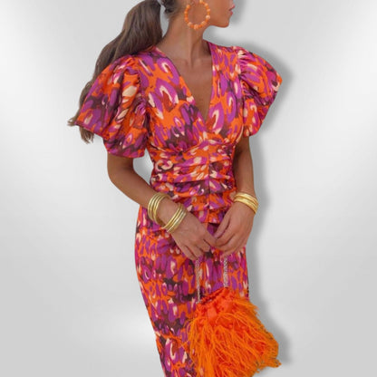 Robe Midi Elegante Donna | Maniche a Palloncino & Stampa Bold