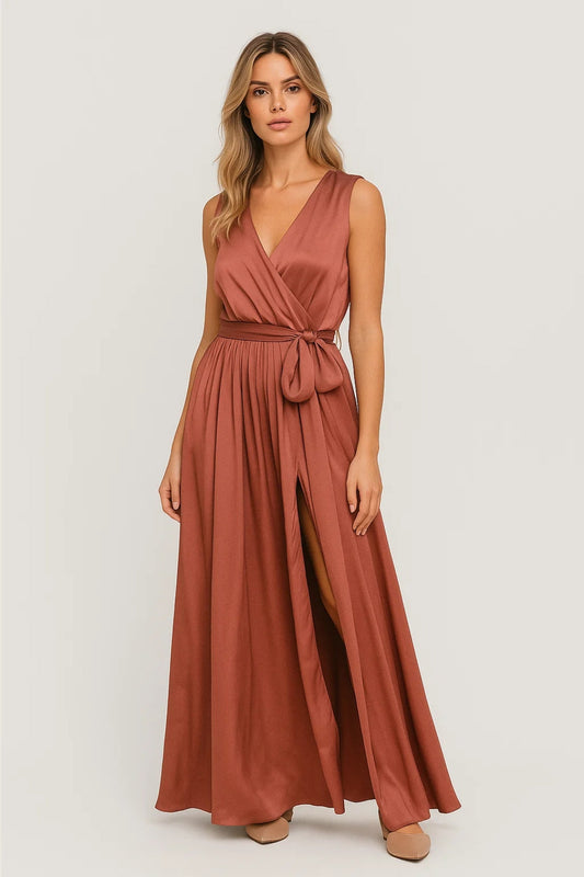 Meldy - Wrap V-Neck Belted Long Summer Dress