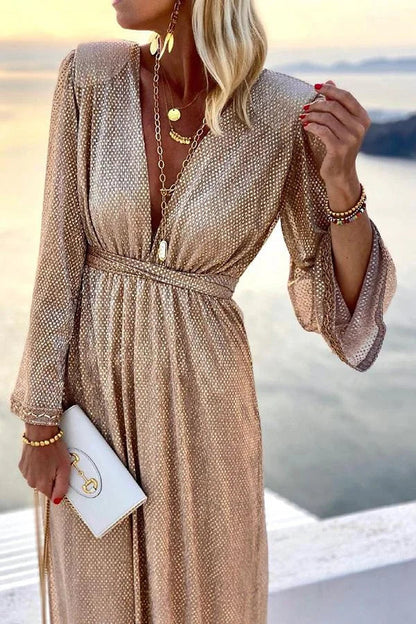 Romina | Women Cocktail Dress With Bell Sleeves And Shimmer Finish | Evening Party Style!