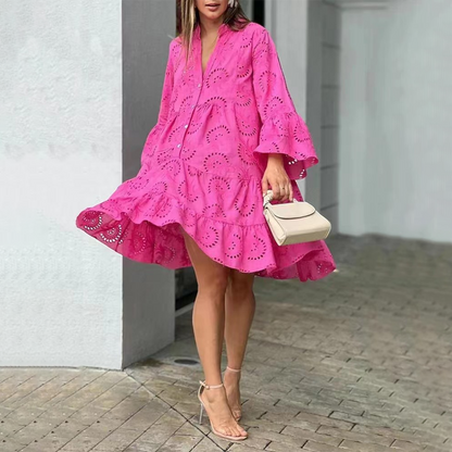Mini-robe femme col V manches longues bouffantes