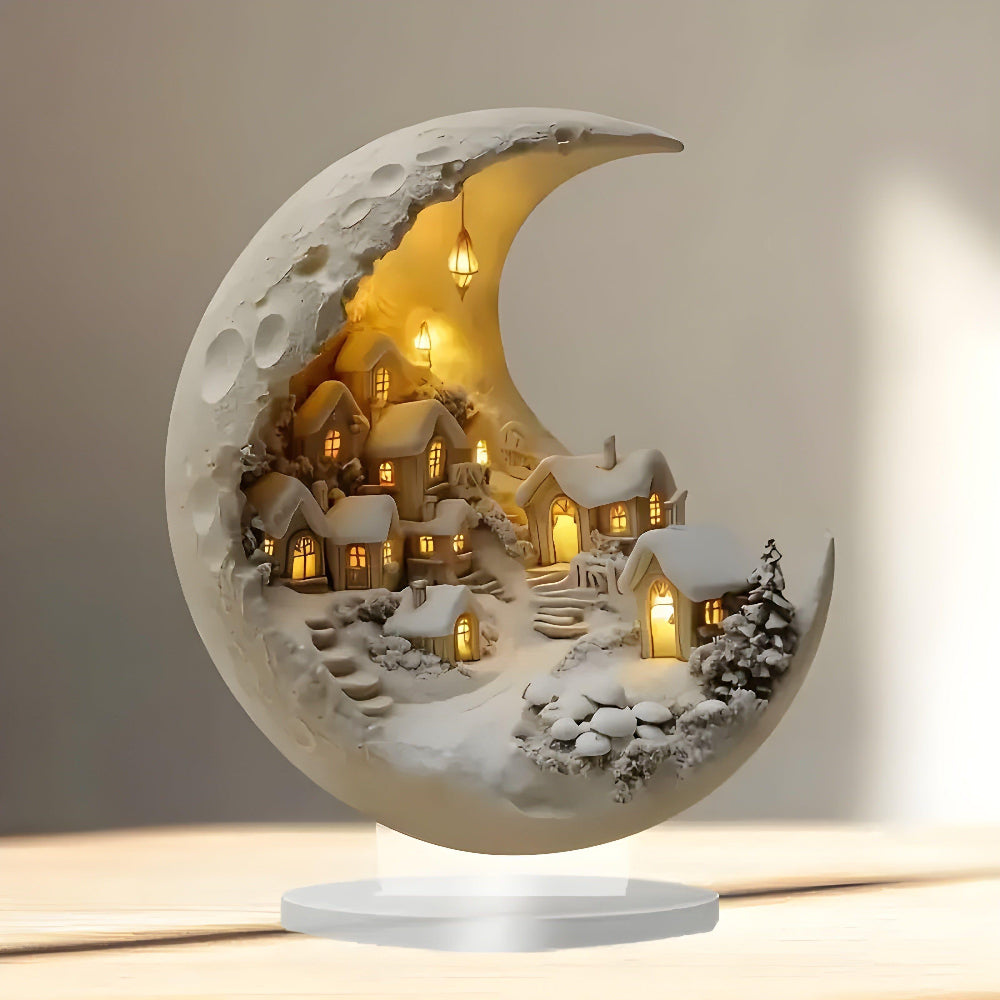 Royallure Acrylic Moon Light Village Scene Tabletop Decor for Home Accent