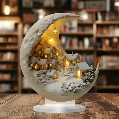 Royallure Acrylic Moon Light Village Scene Tabletop Decor for Home Accent