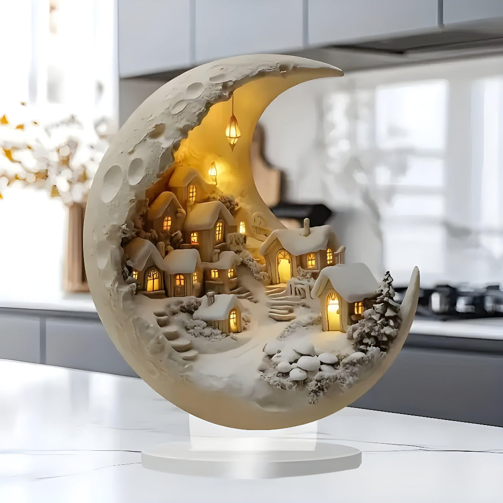 Royallure Acrylic Moon Light Village Scene Tabletop Decor for Home Accent