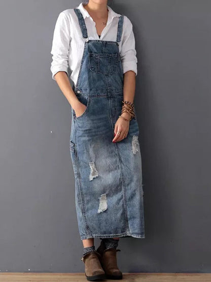 Rugslit Versleten Denim Dungaree Jurk 0