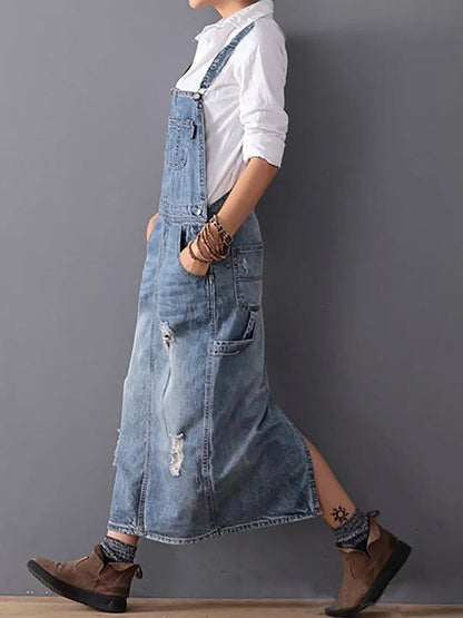 Rugslit Versleten Denim Dungaree Jurk 1