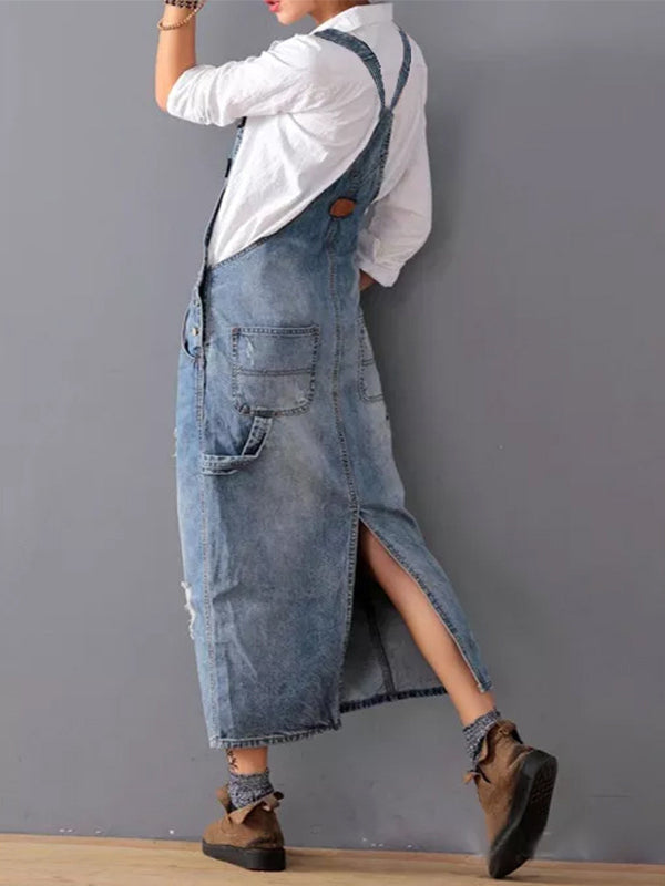 Rugslit Versleten Denim Dungaree Jurk 2