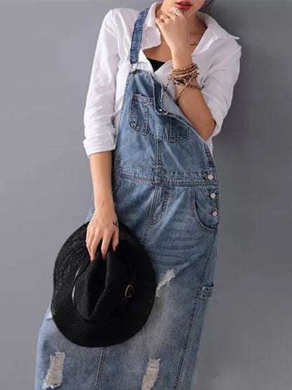 Rugslit Versleten Denim Dungaree Jurk 3