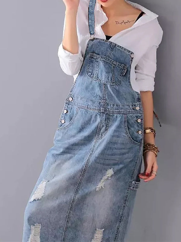 Rugslit Versleten Denim Dungaree Jurk 4