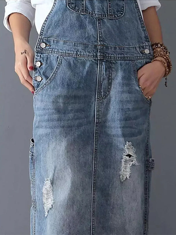 Rugslit Versleten Denim Dungaree Jurk 6