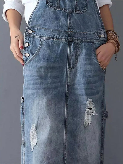 Rugslit Versleten Denim Dungaree Jurk 6