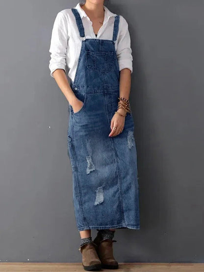 Rugslit Versleten Denim Dungaree Jurk 7
