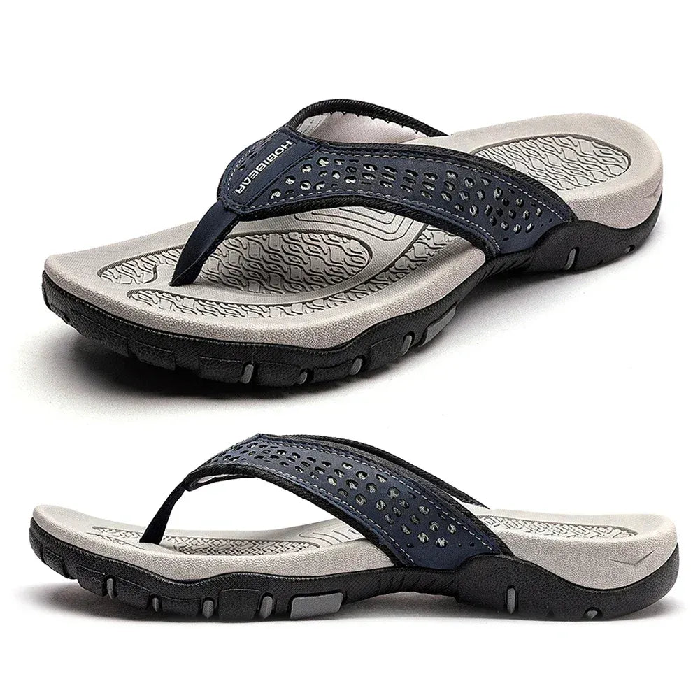 Leather Flip Flops Men’s Cushioned Rubber Sole Summer Sandals