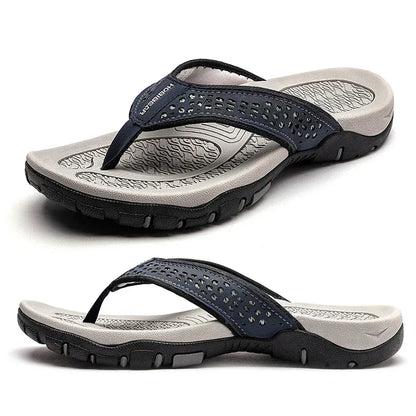 Leather Flip Flops Men’s Cushioned Rubber Sole Summer Sandals