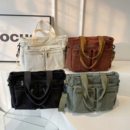 Casual Corduroy Messenger Bags Large Capacity Commuter Mummy Portable Shoulder Bag Multi Layers Camping Tote Bags