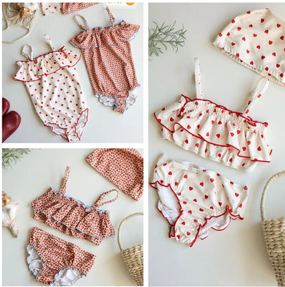 2025 New Girls Swimsuit Heart Printed Ruffle Bikinis Set Children Swimming Suit maillot de bain enfant fille Banadores