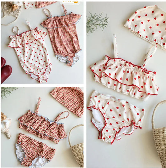 2025 New Girls Swimsuit Heart Printed Ruffle Bikinis Set Children Swimming Suit maillot de bain enfant fille Banadores