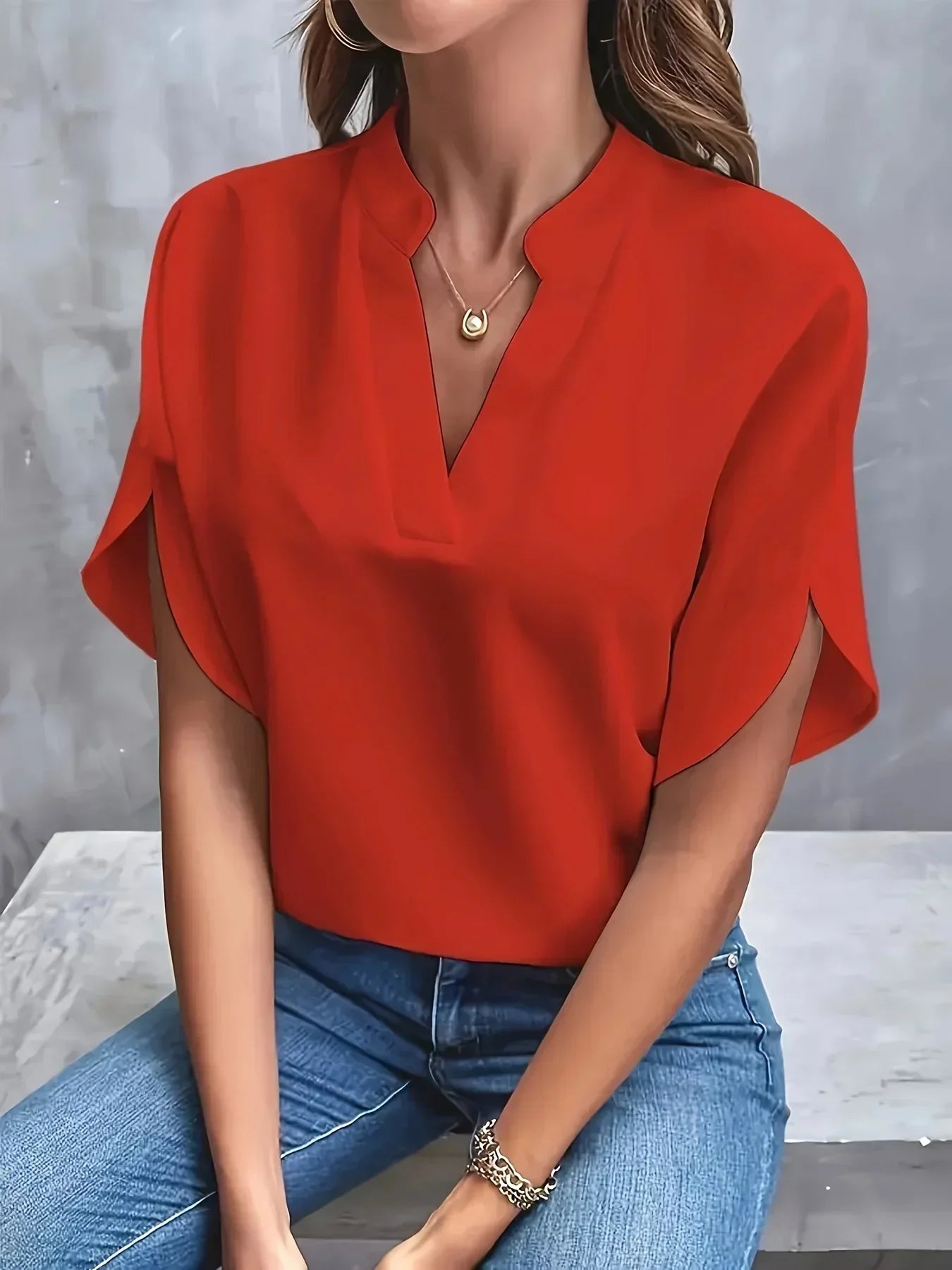 Women Elegant Split Sleeve V Neck Blouse