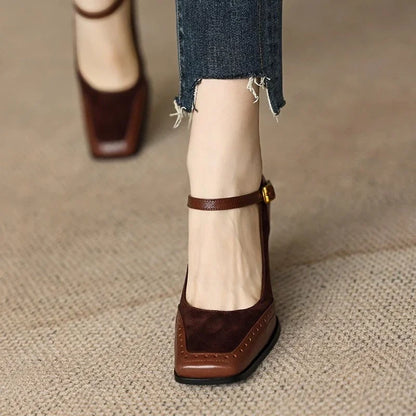 Women's Square Toe Block Heel Pumps Ankle Strap Brogue