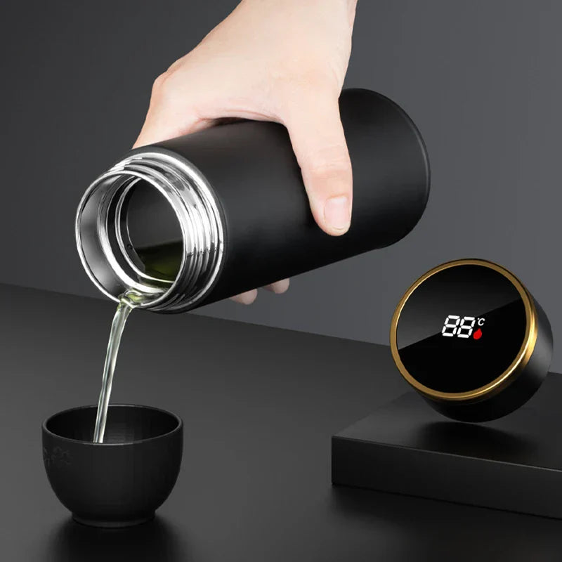 ThermoBrew | Isolerende fles met LED-temperatuurindicator & theefilter | 450 ml | Roestvrij staal 304 | Zwart