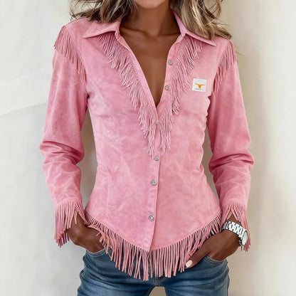 Solène - Blusa abbottonata in pelle scamosciata con frange