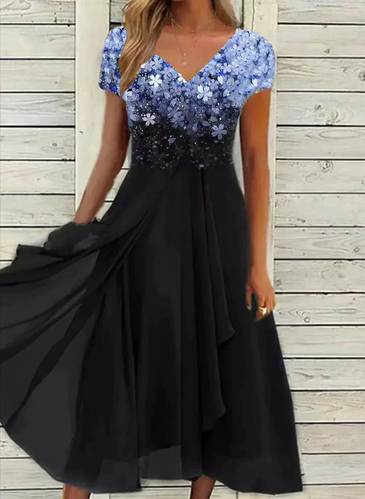 Damen Blumenkleid mit Farbverlauf und V-Ausschnitt in Midi-Länge