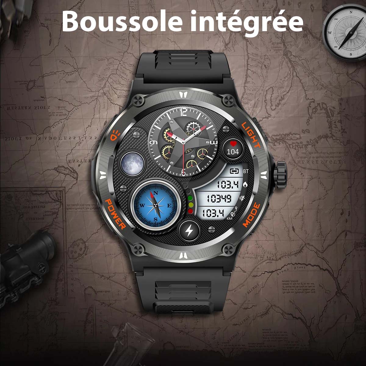 Smartwatch til Mænd med HD Skærm, LED Lys og Boussole