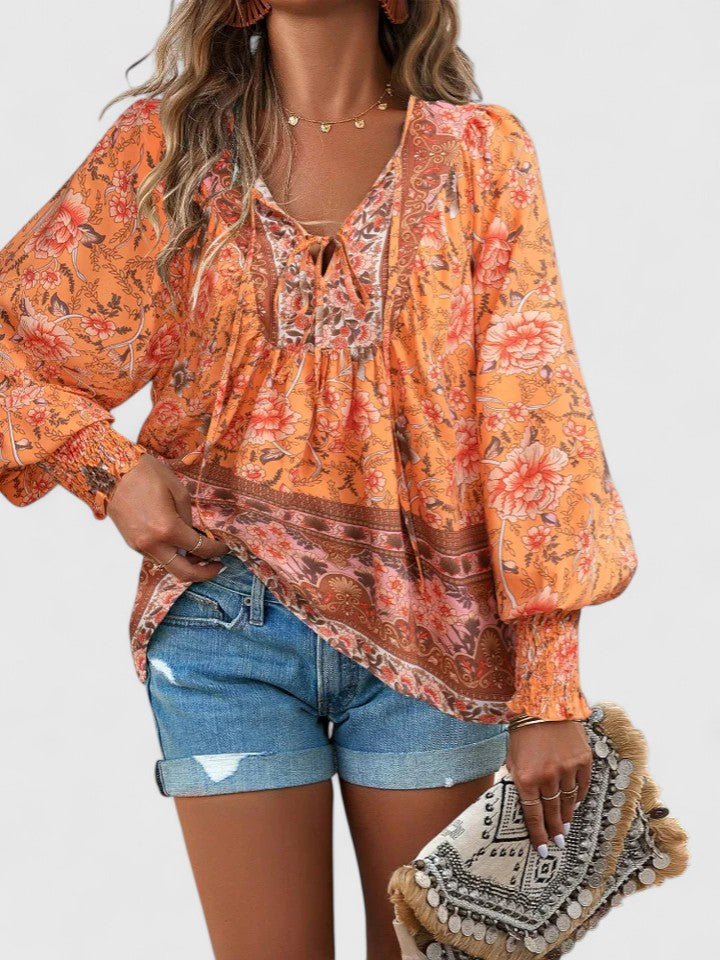 Maya | Women's Boho Floral Long Sleeve Peasant Top