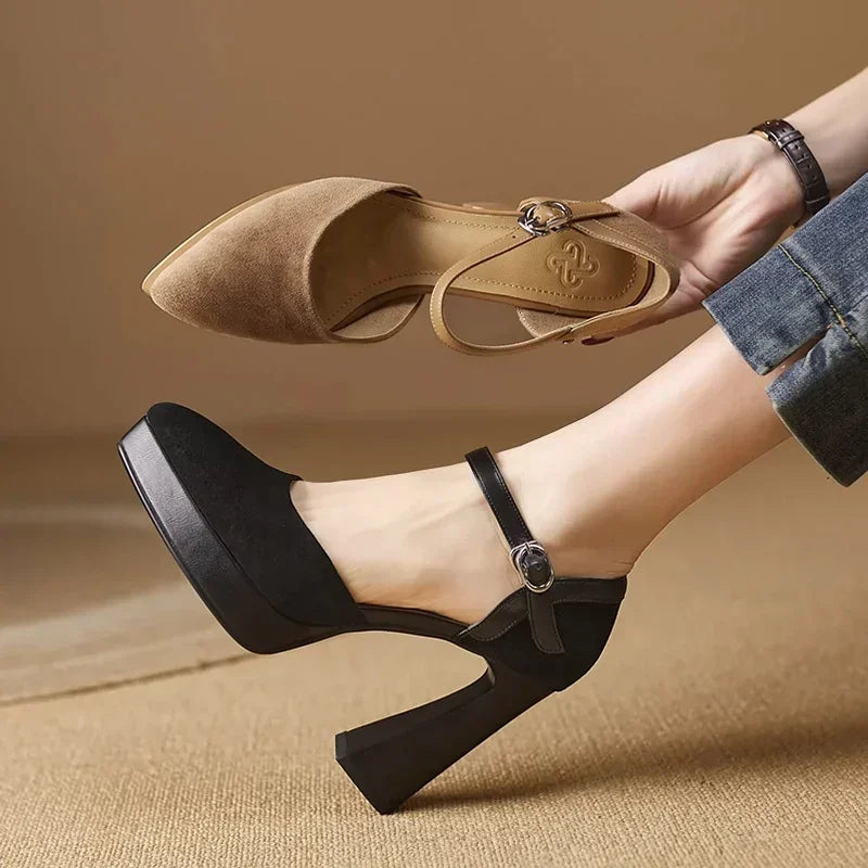 Women's Platform Block Heel Pumps Ankle Strap High Heels