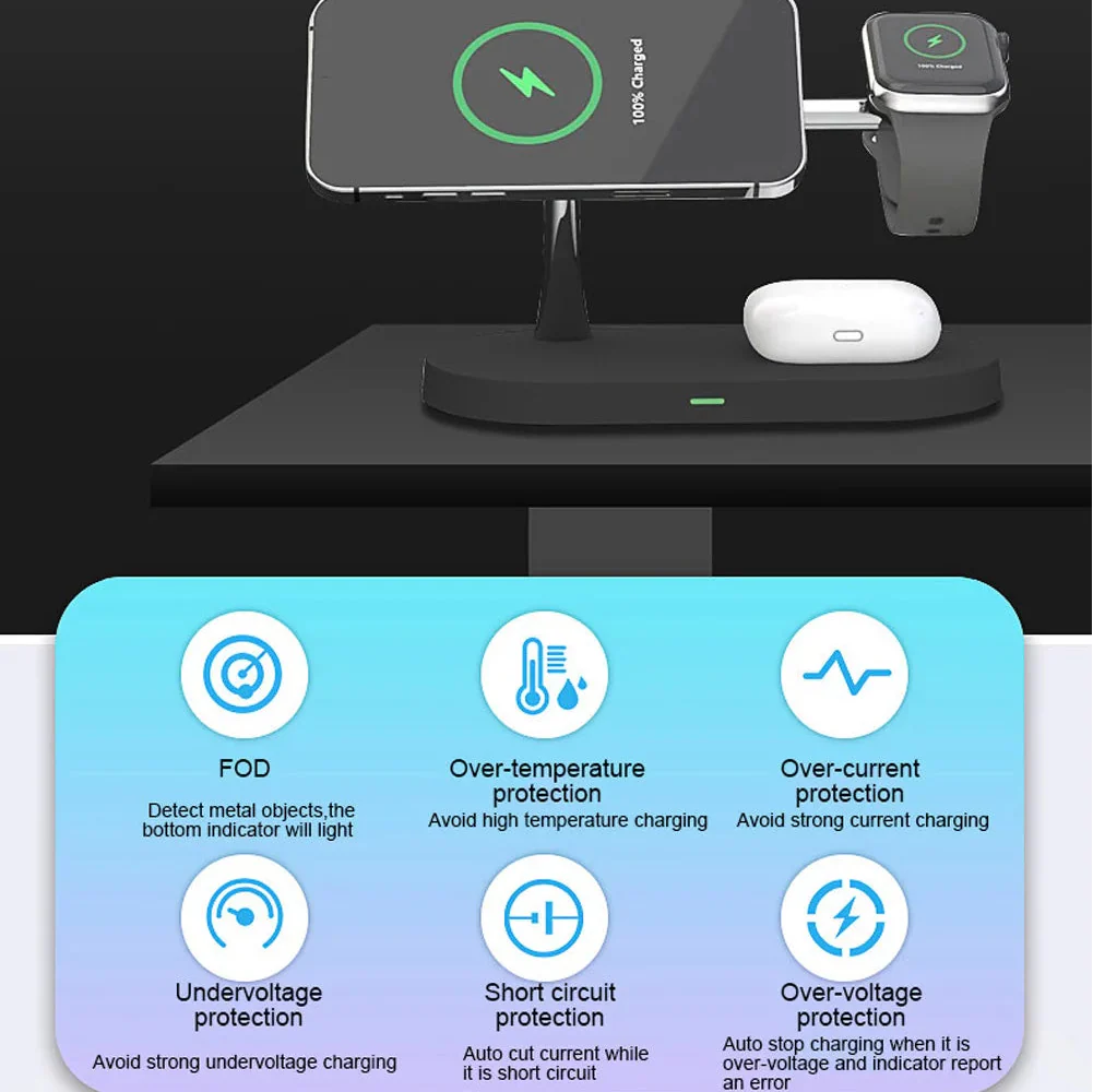 Rayvia 3-in-1 Wireless Charging Station for Smartphone Smartwatch and Earbuds with Night Light