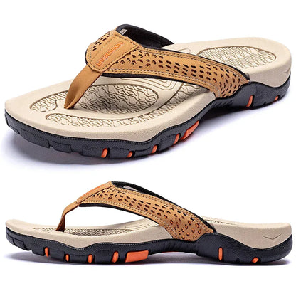 Leather Flip Flops Men’s Cushioned Rubber Sole Summer Sandals
