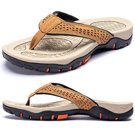 Leather Flip Flops Men’s Cushioned Rubber Sole Summer Sandals