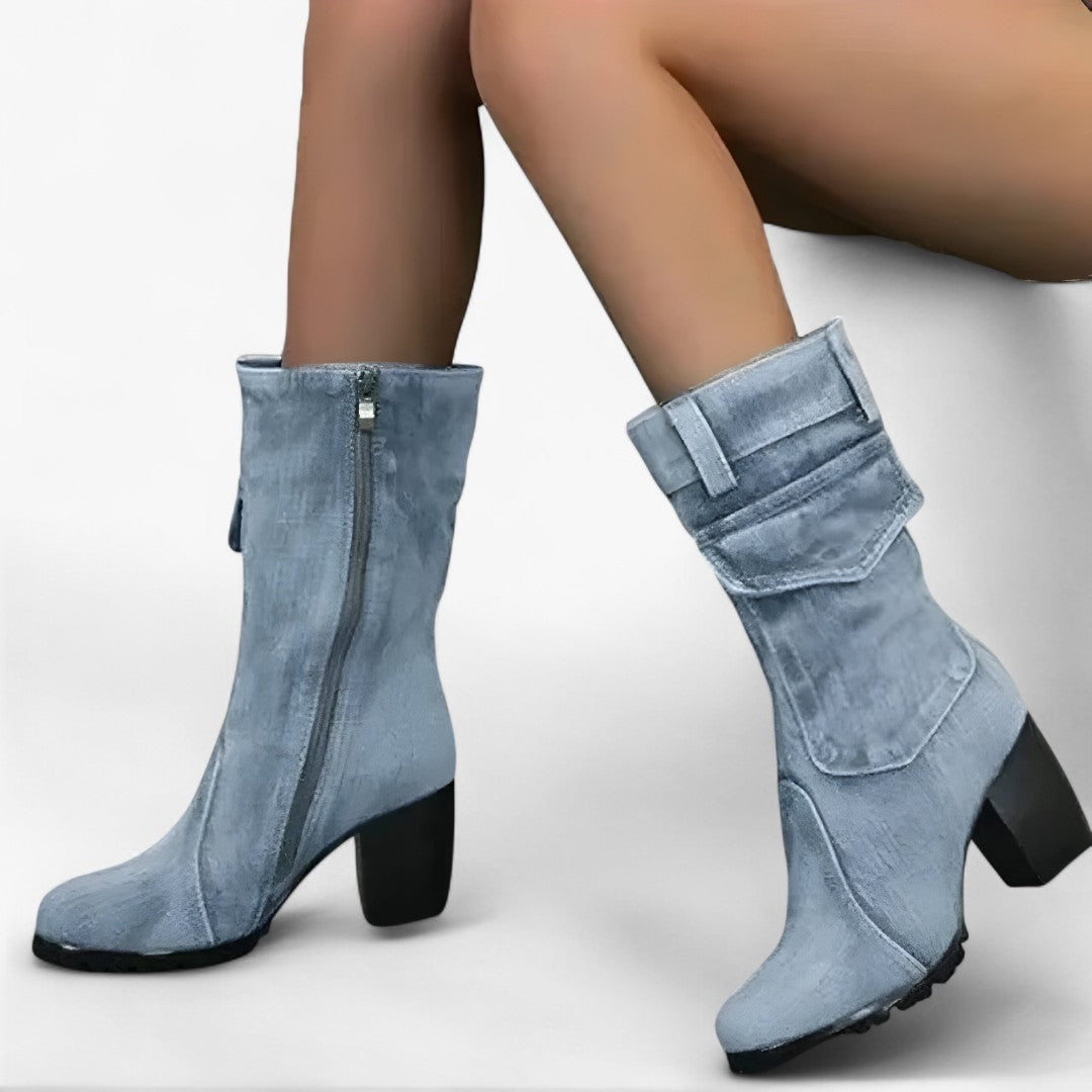 Cowboystiefel aus Denim mit hohem Absatz