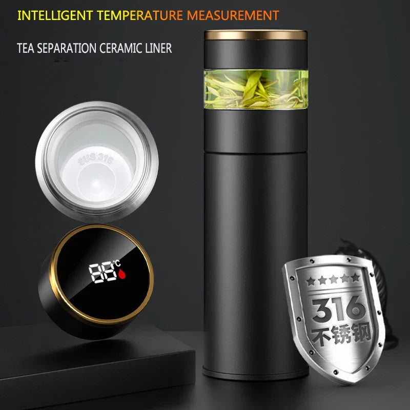 ThermoBrew | Isolerende fles met LED-temperatuurindicator & theefilter | 450 ml | Roestvrij staal 304 | Zwart