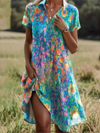 Jeanne Robe Femme – Élégante Robe à Col V avec Boutons, Coupe Flatteuse & Motif Floral Intemporel