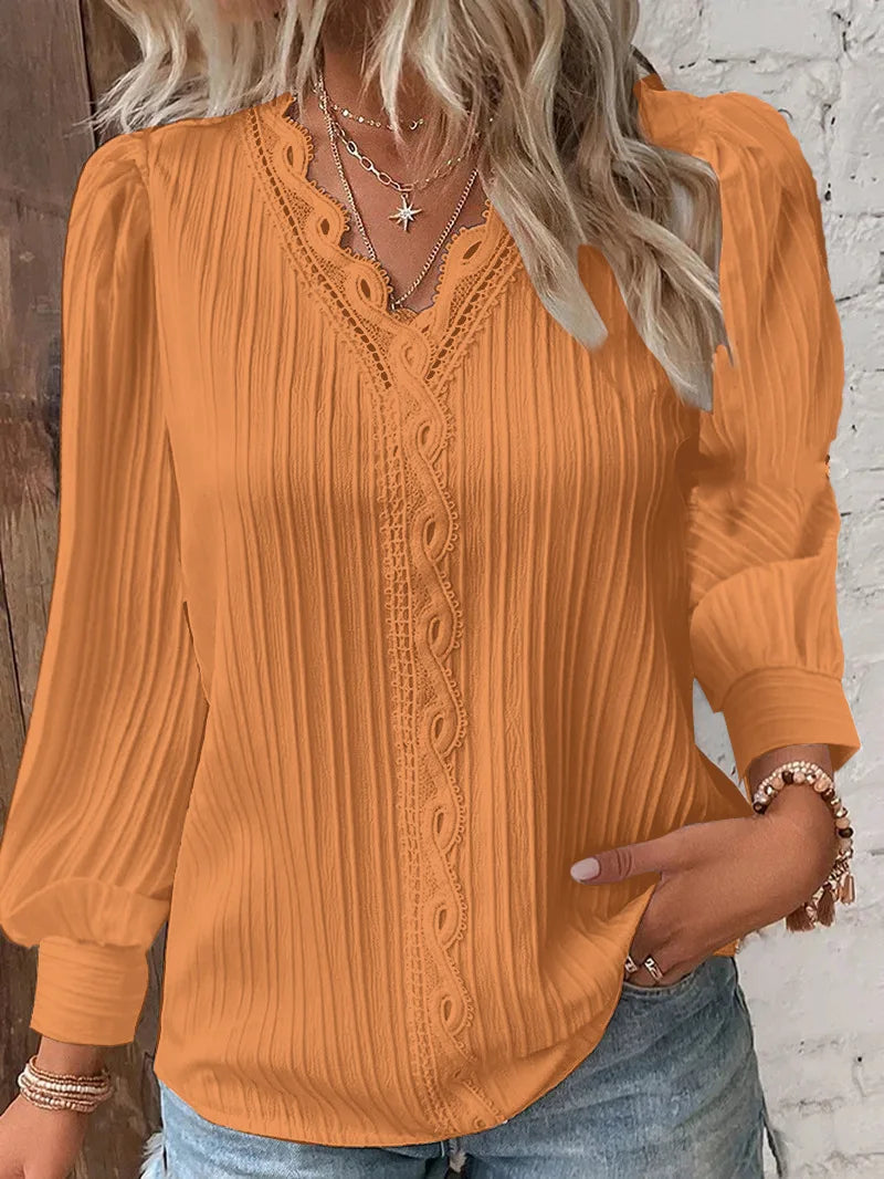 Women’s Elegant V-Neck Blouse – Structured Fabric Long Sleeve Lace Trim Detail