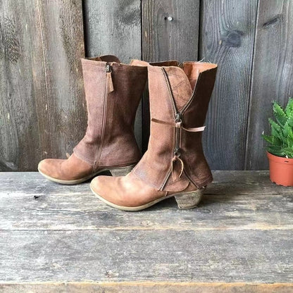 Women's Brown Mid Calf Zip-up Ankle Boots