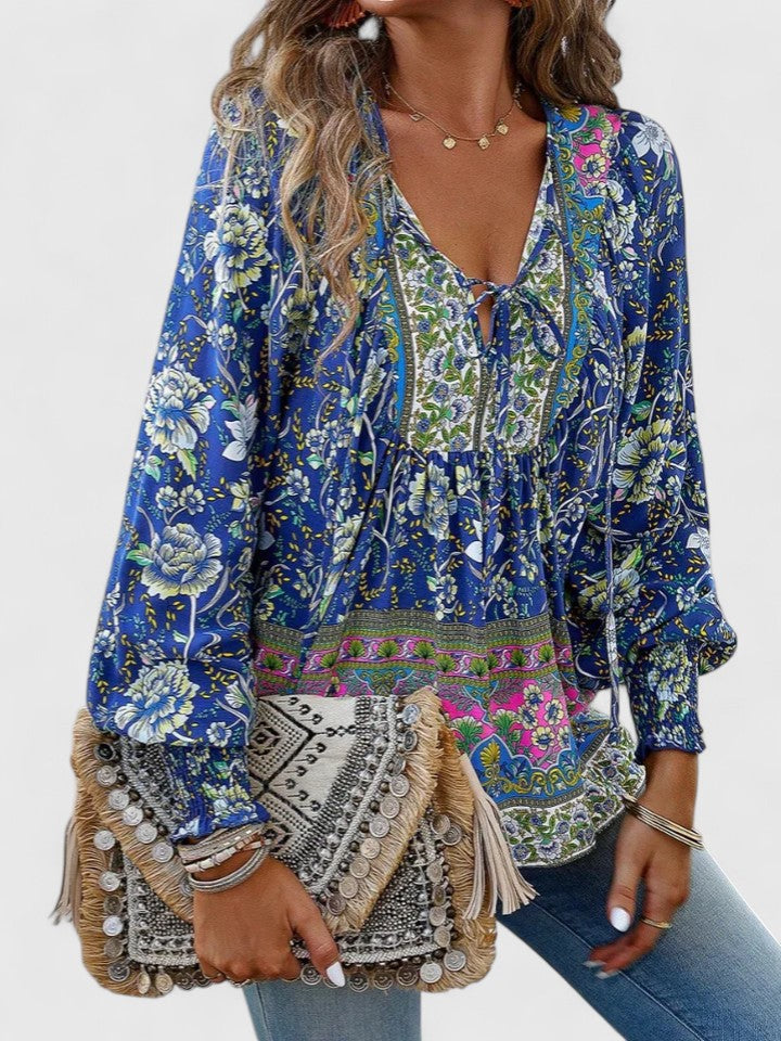Maya | Women's Boho Floral Long Sleeve Peasant Top