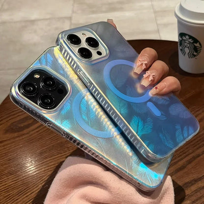 Luxury Feather Laser Aurora Magsafe Case for iPhone 15 16 14 11 12 13 Pro Max Acrylic Armor PC Shockproof Cover for iPhone 15Pro