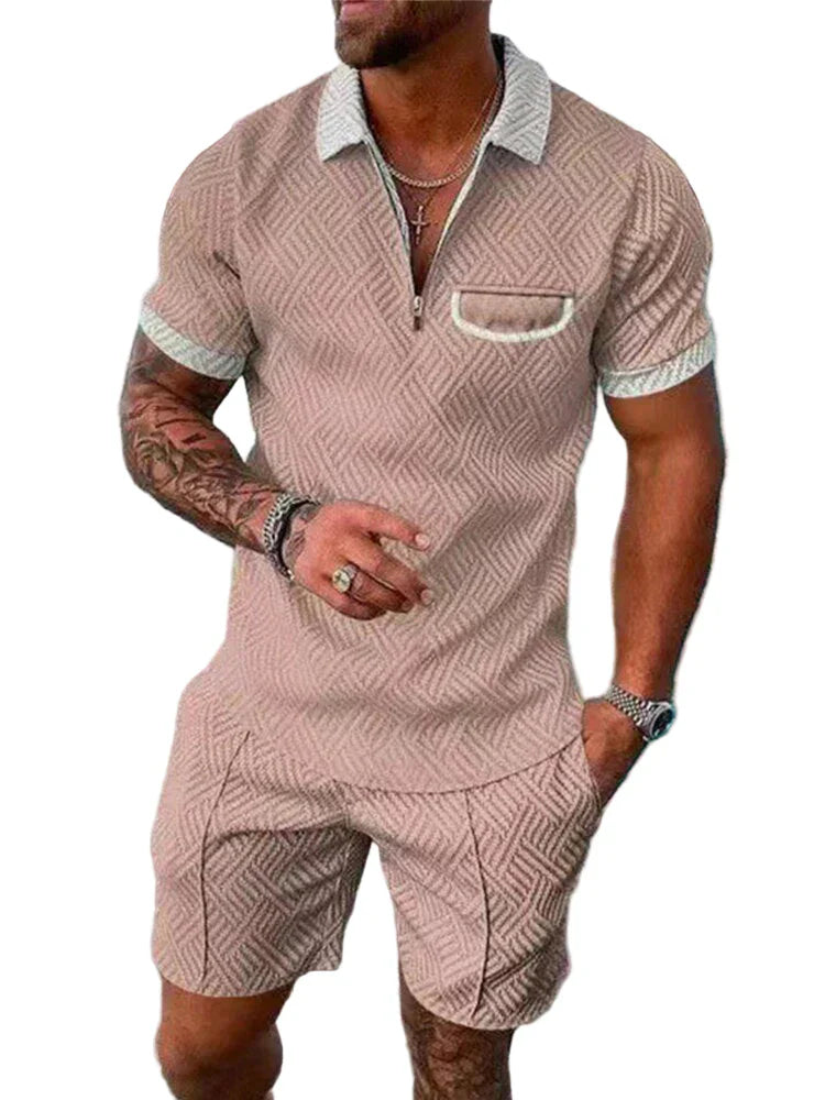 Men's Knit Quarter-Zip Polo Shirt and Shorts Two-Piece Set