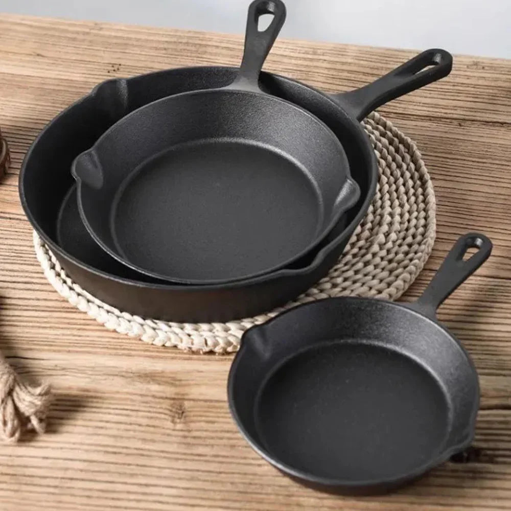 Gietijzeren Koekenpannenset 3-delig 16-20-26cm Inductie Gasfornuis Ongecoat Braadpan Omeletpan Roerbakpan Zwart | Restfield