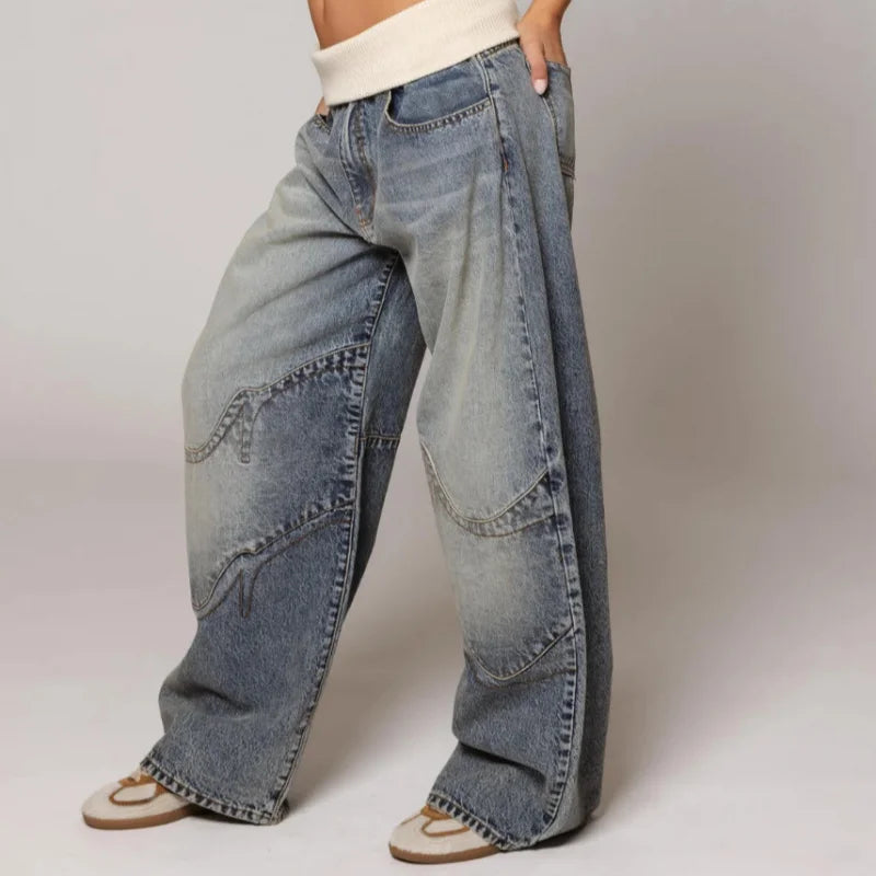 Baggy Wide-Leg Jeans mit Rippbund & Urban Streetstyle