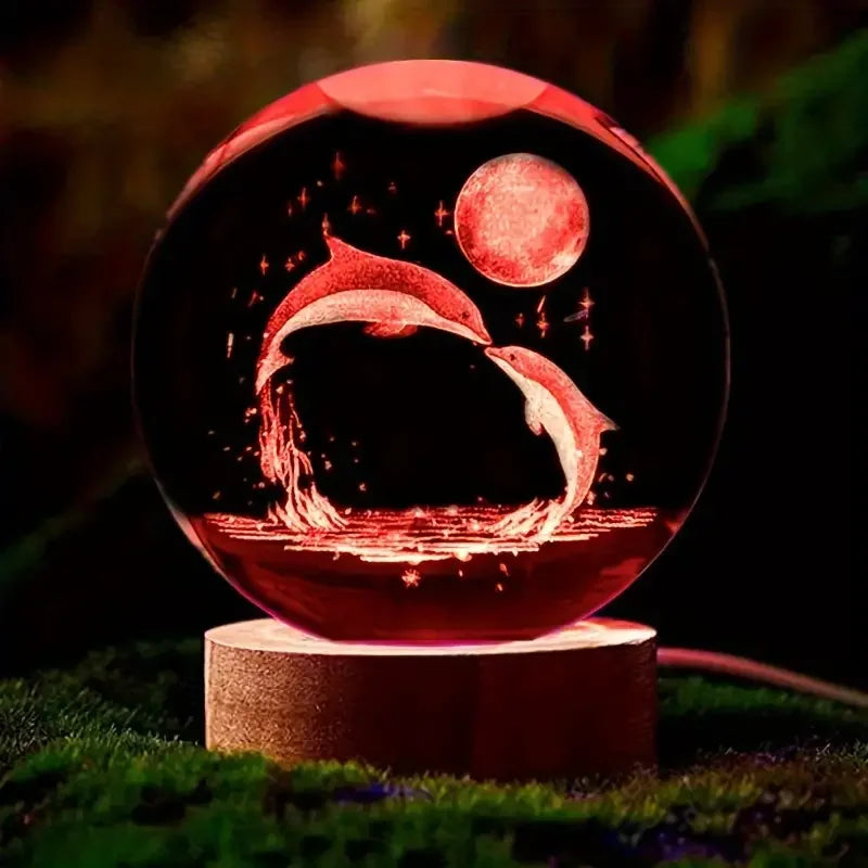 Mariluna Kristallen Bol Dolfijn | 3D-Lasergravure & LED-Basis | Maan- & Zee Motief
