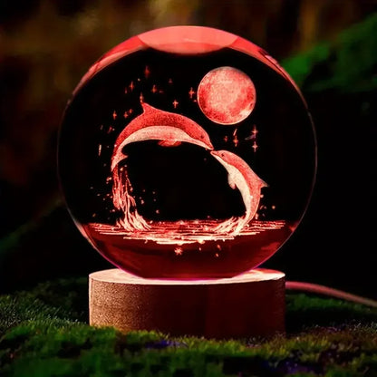 Mariluna Kristallen Bol Dolfijn | 3D-Lasergravure & LED-Basis | Maan- & Zee Motief